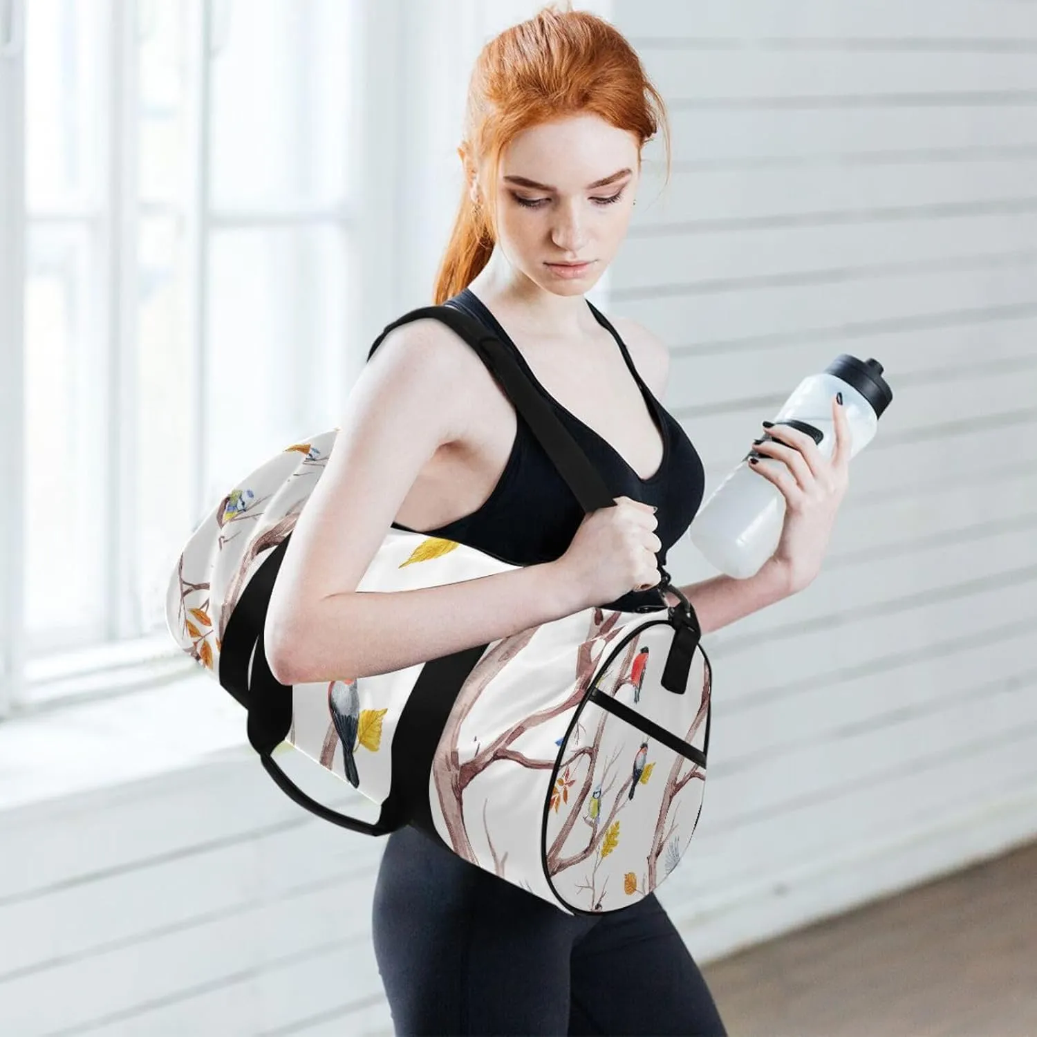 Autumn Tree with Leaves and Birds on Branches on White Portable Gym Bag, Travel Bag, Luggage bag, Sports Bag, Toiletry Bag with Handles, Detachable Shoulder Strap 17.6 x 9 x 9 inch