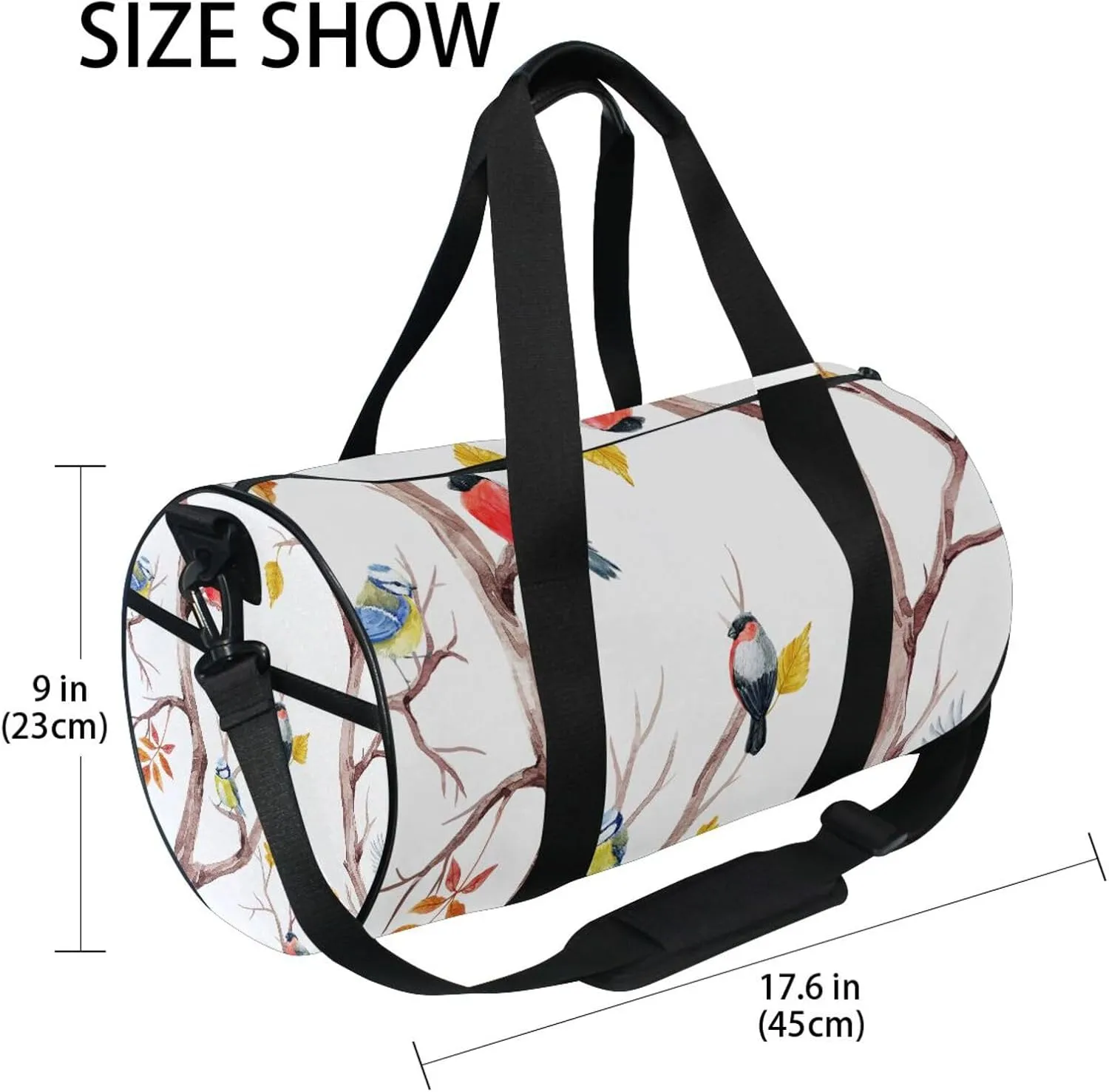 Autumn Tree with Leaves and Birds on Branches on White Portable Gym Bag, Travel Bag, Luggage bag, Sports Bag, Toiletry Bag with Handles, Detachable Shoulder Strap 17.6 x 9 x 9 inch
