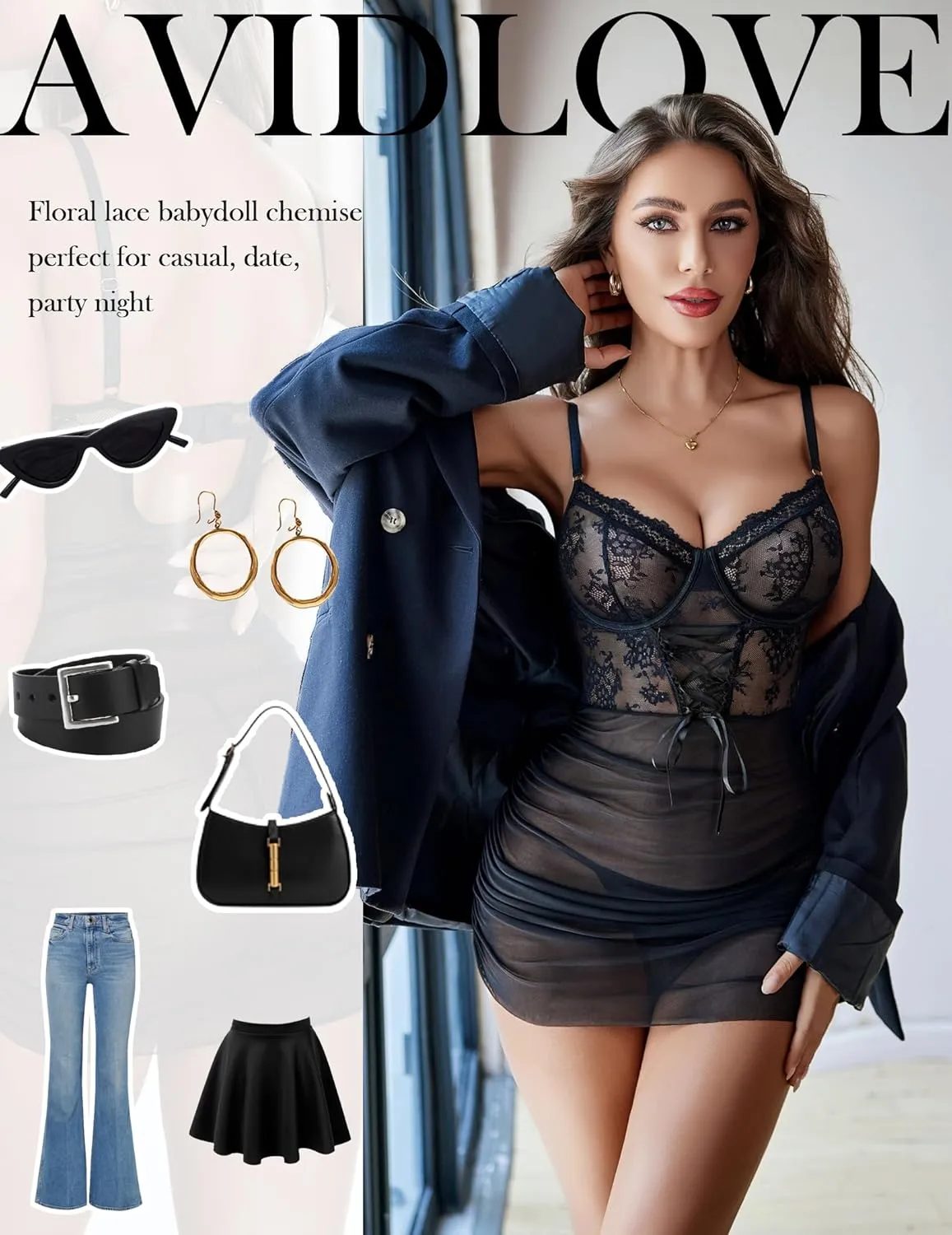Avidlove Lingerie for Women Floral Mesh Nightear V Neck Babydoll Chemise Lace Chemise Outfits