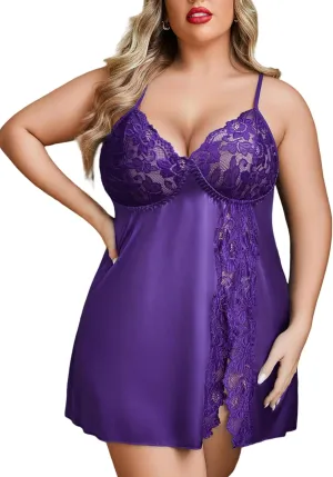 Avidlove Plus Size Lingerie For Women Sexy Satin Nightgown Lace Babydoll Side Slit Strappy Chemise Nightwear