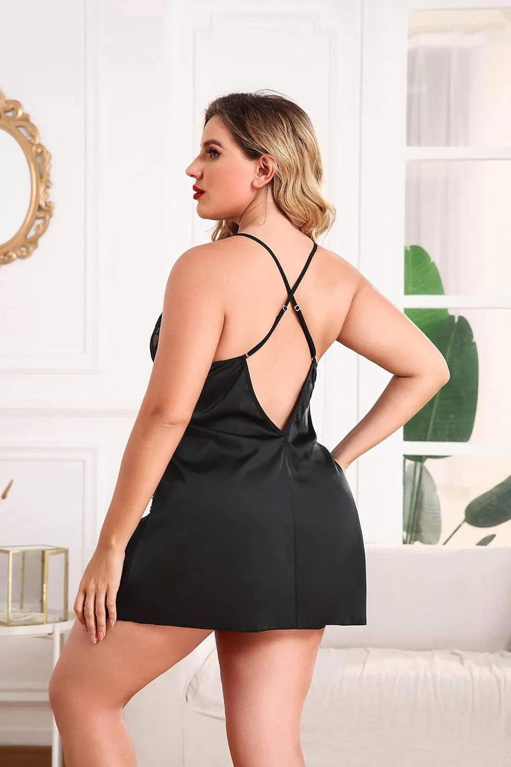Avidlove Plus Size Lingerie For Women Sexy Satin Nightgown Lace Babydoll Side Slit Strappy Chemise Nightwear
