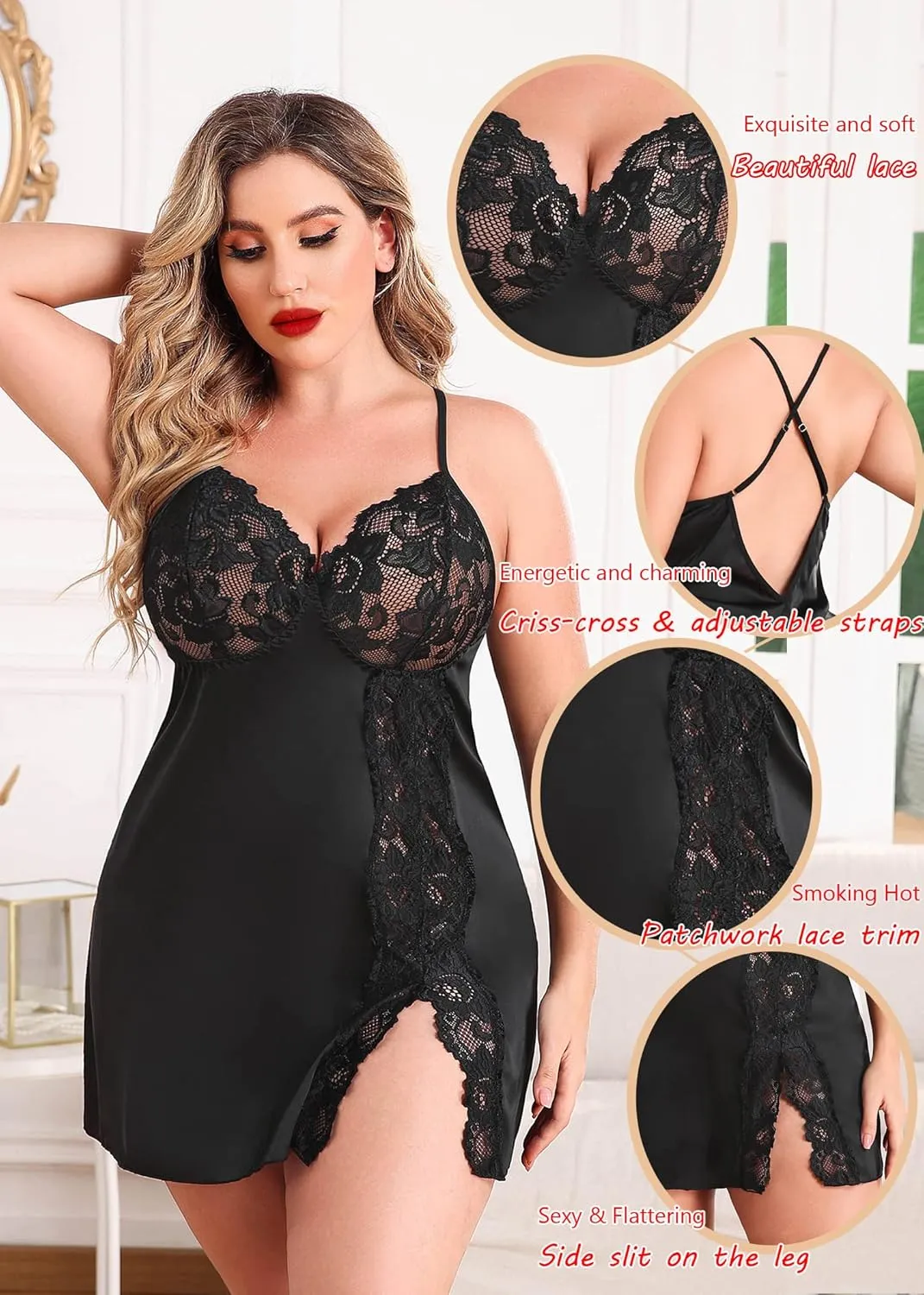 Avidlove Plus Size Lingerie For Women Sexy Satin Nightgown Lace Babydoll Side Slit Strappy Chemise Nightwear