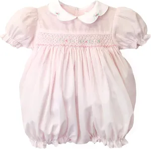 Baby Girls’ Hand Embroidered Smocked Bubble Romper, Pink
