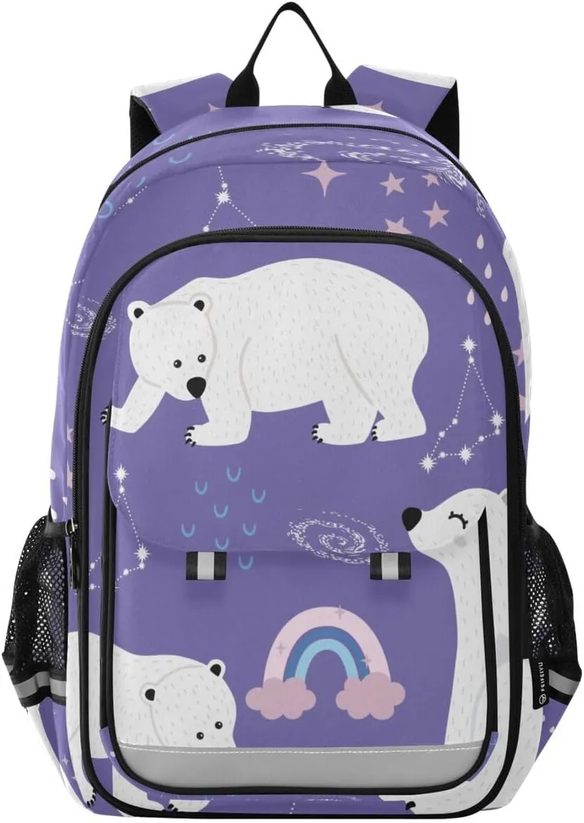 Backpack Daypack Shoulder Bag Polar Bear Rainbow Stars Constellation Violet Purple Animal Rucksack Laptop Compartment