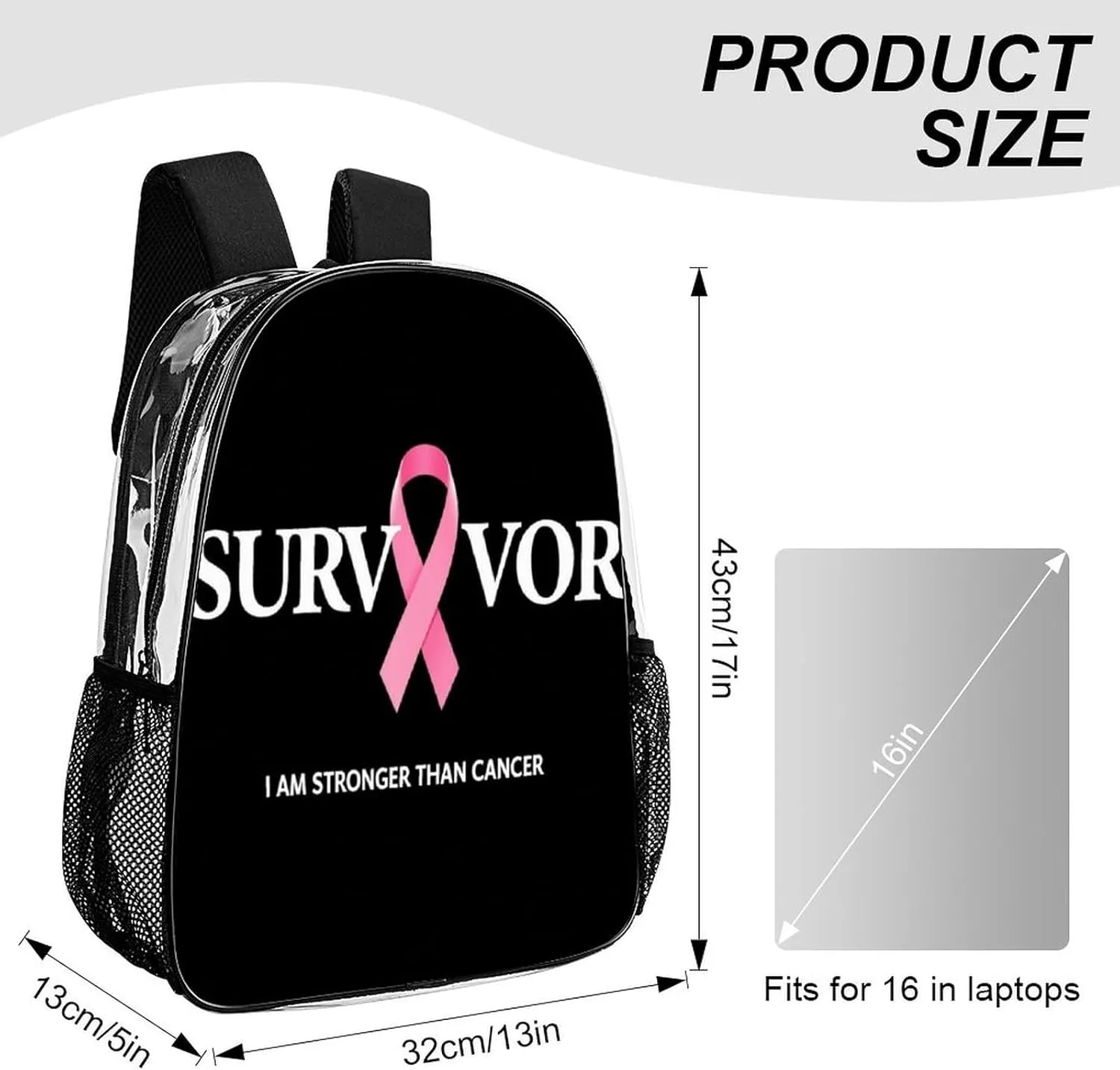 Backpack Multipurpose Anti-Theft Large Capacity Bookbag - Breast Cancer Survivor Pink Ribbon Black Travel Hiking Daypack Transparent Bag