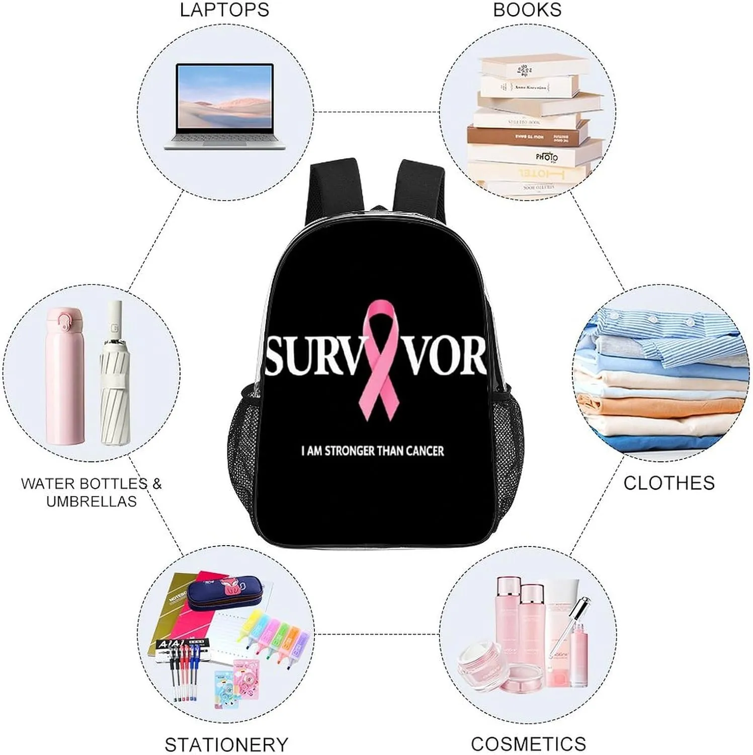 Backpack Multipurpose Anti-Theft Large Capacity Bookbag - Breast Cancer Survivor Pink Ribbon Black Travel Hiking Daypack Transparent Bag