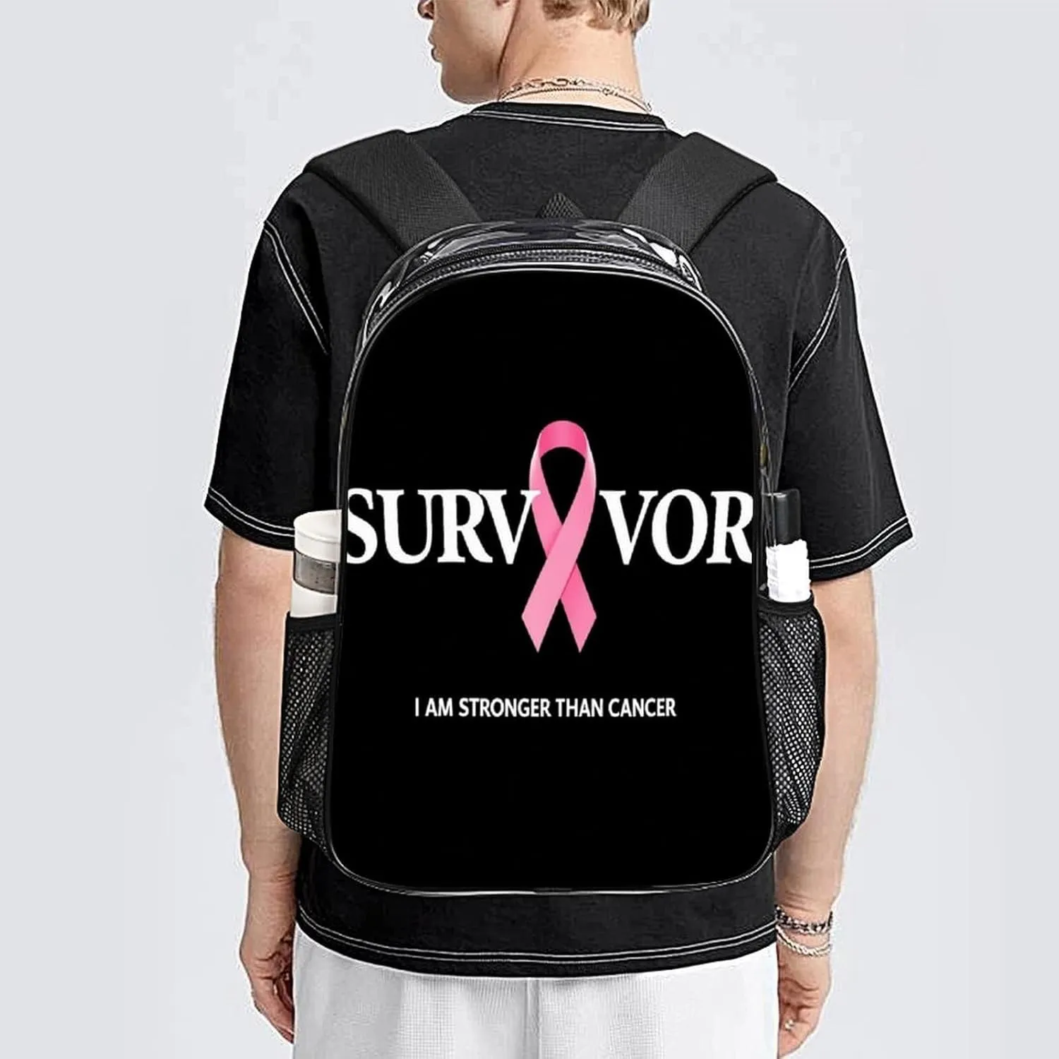 Backpack Multipurpose Anti-Theft Large Capacity Bookbag - Breast Cancer Survivor Pink Ribbon Black Travel Hiking Daypack Transparent Bag