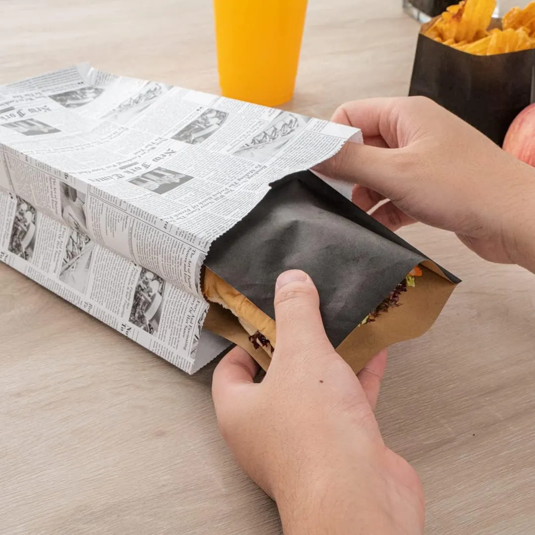 Bag Tek 4 Lb Disposable Lunch Bags, 100 Sturdy Take Out Bags - Flat Bottom, Microwavable, Newsprint Design Paper Bags, Freezable, Great For Restaurants, Cafes, And Bakeries - Restaurantware