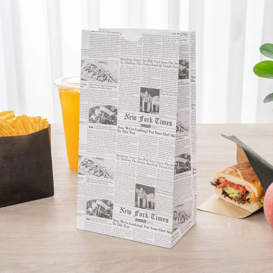 Bag Tek 4 Lb Disposable Lunch Bags, 100 Sturdy Take Out Bags - Flat Bottom, Microwavable, Newsprint Design Paper Bags, Freezable, Great For Restaurants, Cafes, And Bakeries - Restaurantware