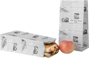 Bag Tek 4 Lb Disposable Lunch Bags, 100 Sturdy Take Out Bags - Flat Bottom, Microwavable, Newsprint Design Paper Bags, Freezable, Great For Restaurants, Cafes, And Bakeries - Restaurantware