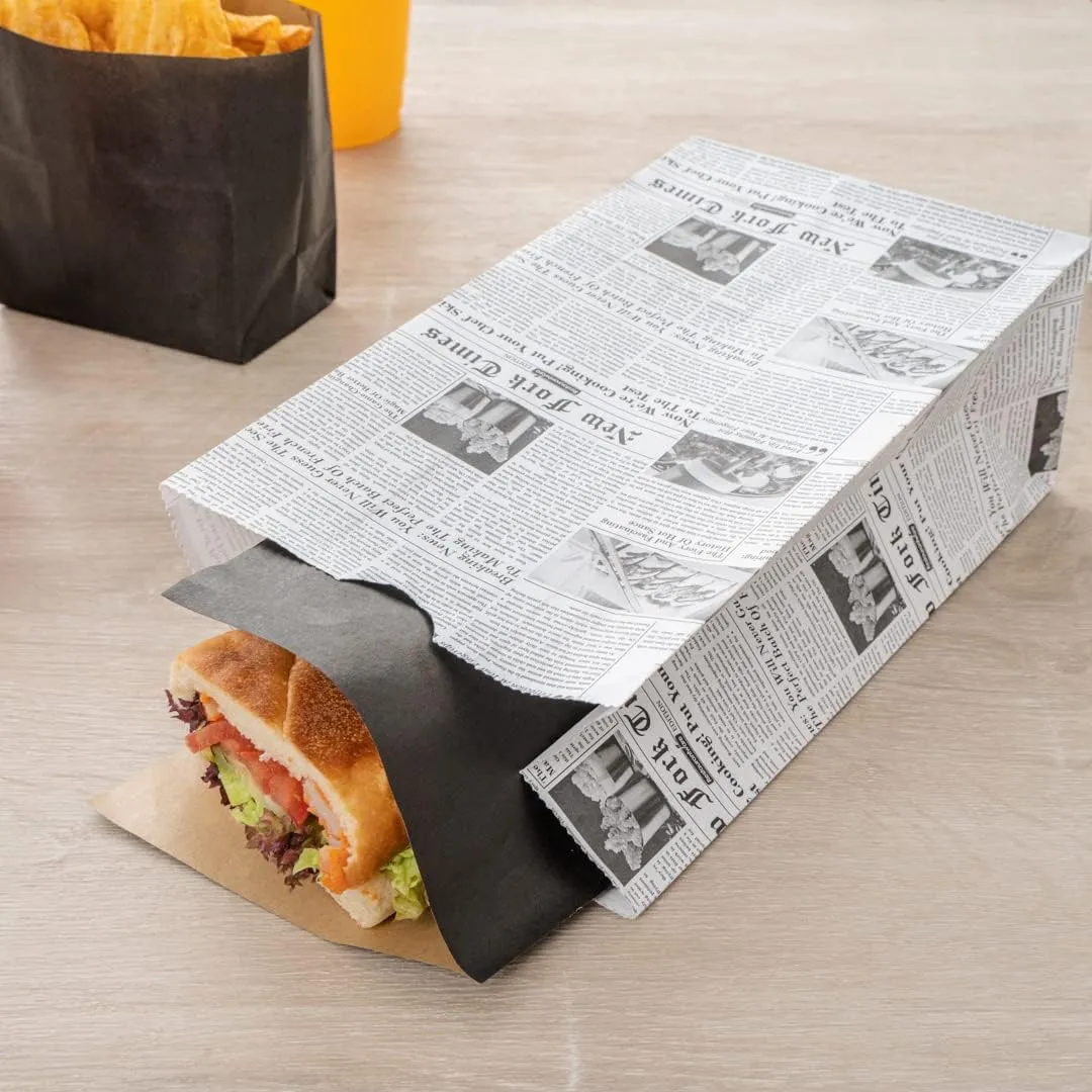Bag Tek 4 Lb Disposable Lunch Bags, 100 Sturdy Take Out Bags - Flat Bottom, Microwavable, Newsprint Design Paper Bags, Freezable, Great For Restaurants, Cafes, And Bakeries - Restaurantware