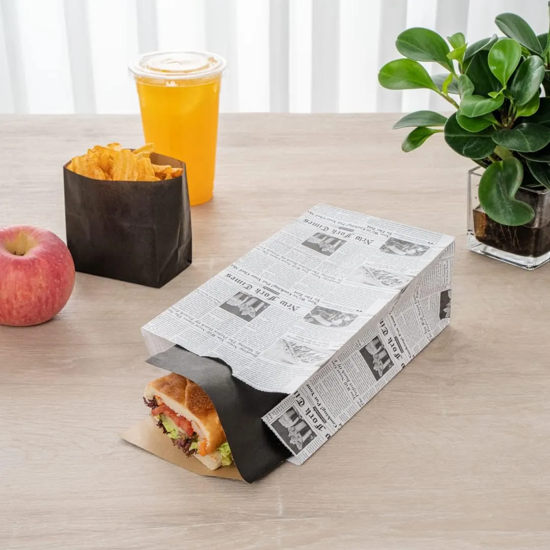 Bag Tek 4 Lb Disposable Lunch Bags, 100 Sturdy Take Out Bags - Flat Bottom, Microwavable, Newsprint Design Paper Bags, Freezable, Great For Restaurants, Cafes, And Bakeries - Restaurantware