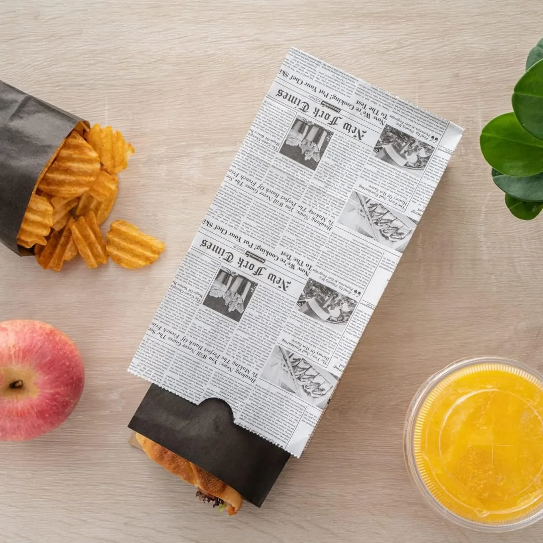 Bag Tek 4 Lb Disposable Lunch Bags, 100 Sturdy Take Out Bags - Flat Bottom, Microwavable, Newsprint Design Paper Bags, Freezable, Great For Restaurants, Cafes, And Bakeries - Restaurantware