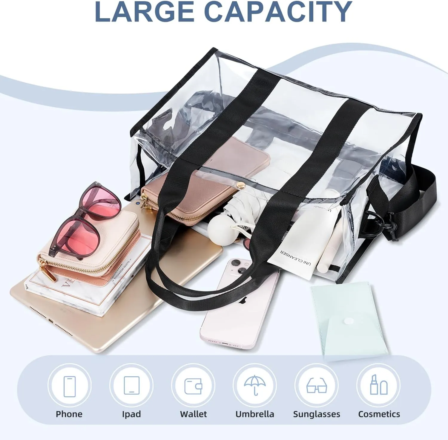 BAGAIL Clear Bag, Stadium Approved Clear Tote Bag with Inner Pocket, Transparent Travel Bag for Sports Event, Concert, Work