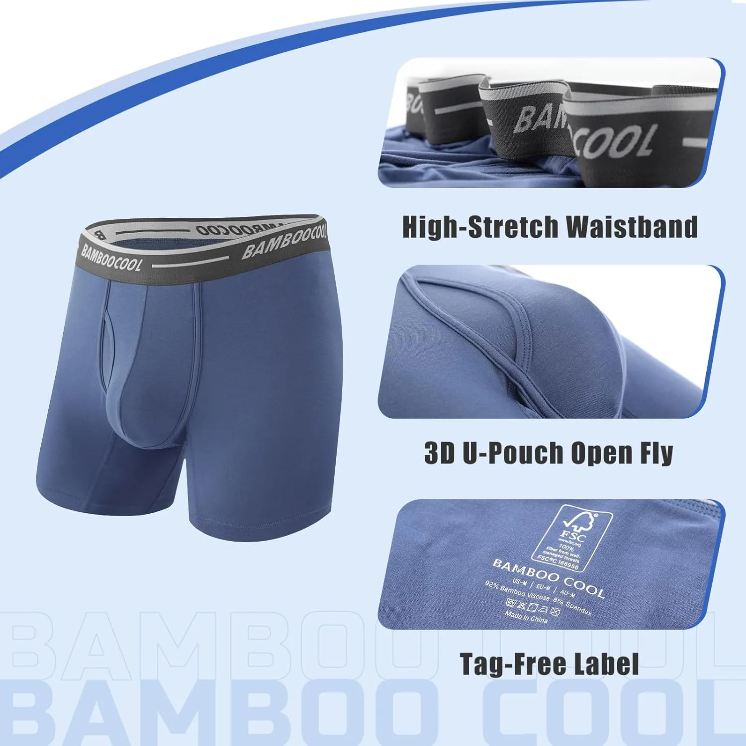 BAMBOO COOL Men's Underwear Boxer Briefs Soft Breathable Underwear (4 or 7 Pack)