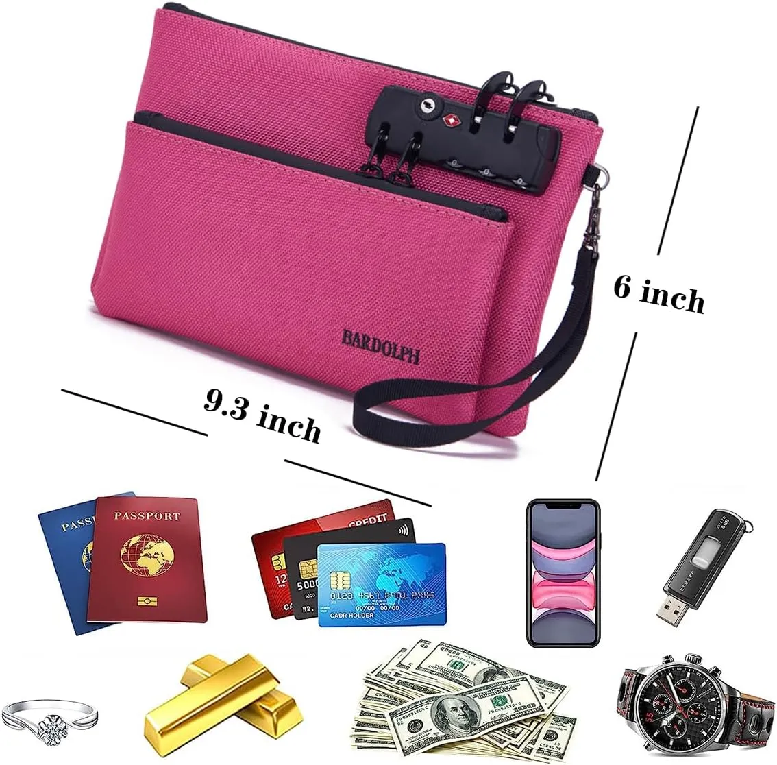 BARDOLPH Money Bag with Lock and Zipper, Double Layer Men & Women's Locking Accessories Pouch for Bank, Passports, Notary Supplies, Valuable Storage