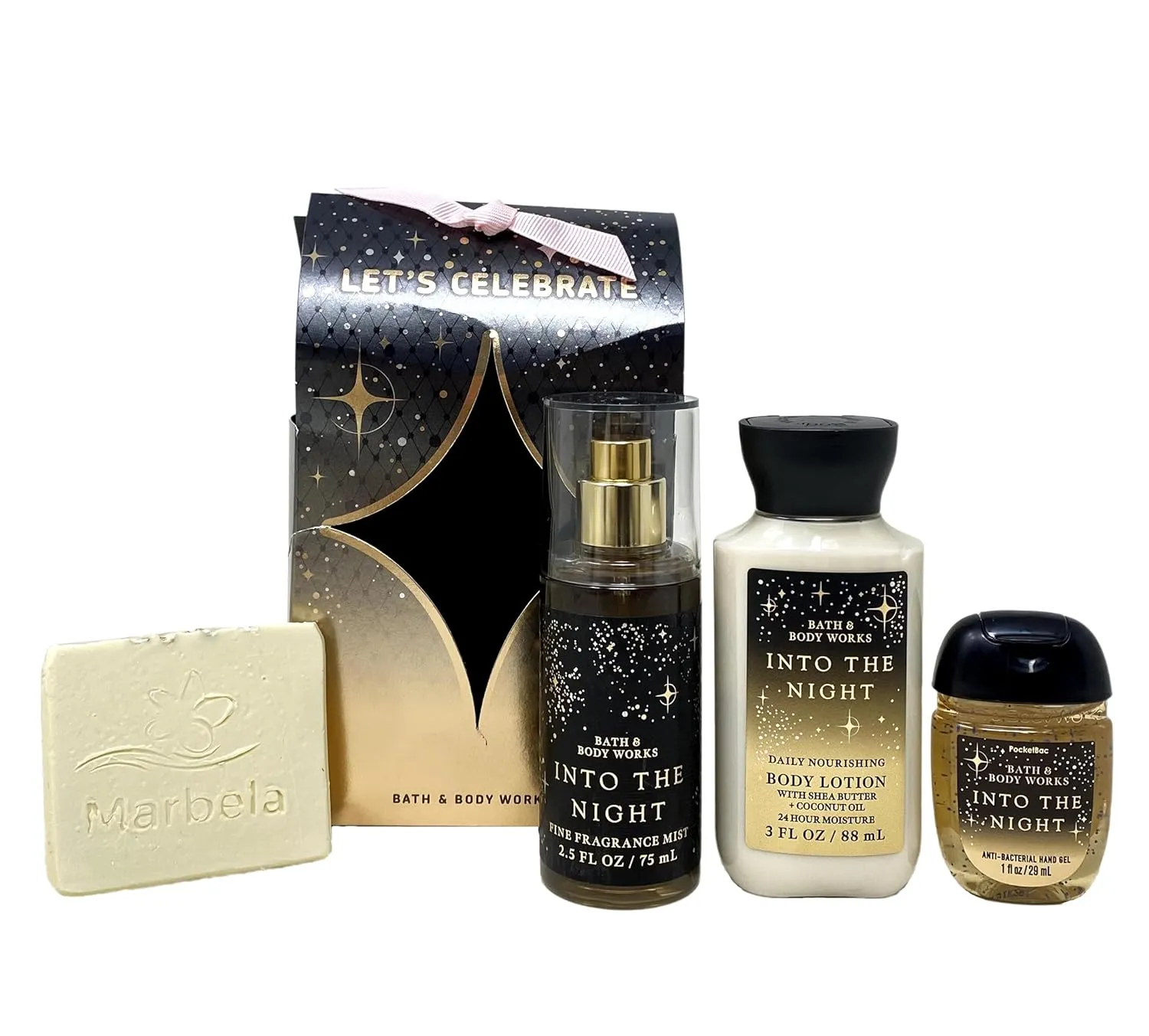 Bath & Body Works Into The Night Let's Celebrate Mini Gift Bag Trio - Fragrance Mist - Body Lotion and Hand Gel - with a Natural Oats Sample Soap - Travel Size