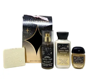 Bath & Body Works Into The Night Let's Celebrate Mini Gift Bag Trio - Fragrance Mist - Body Lotion and Hand Gel - with a Natural Oats Sample Soap - Travel Size