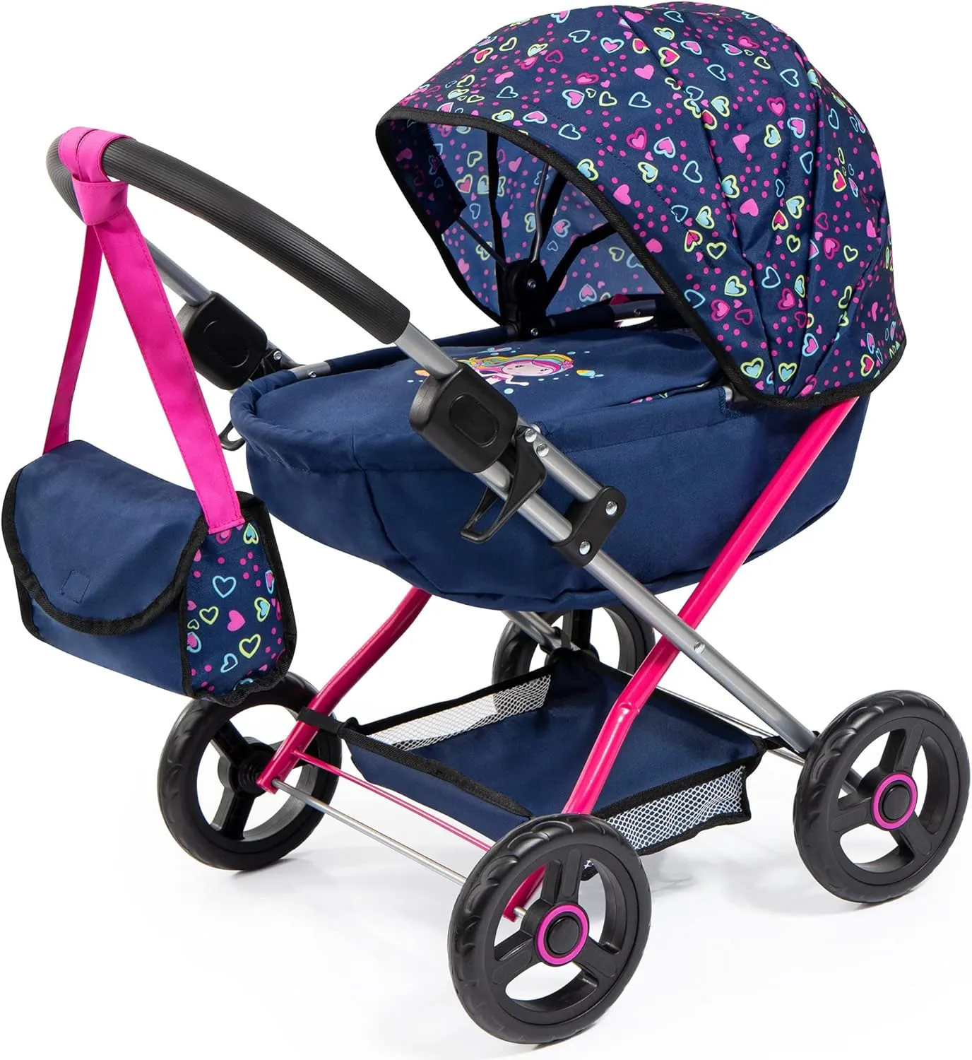 Bayer Design Dolls: Pram Cosy - Blue, Pink, Hearts - Includes Blanket & Shoulder Bag, Kids Pretend Play, Fits Dolls Up to 18", Soft Handle, Big Wheels, Height 22.8 Inch, Ages 3 