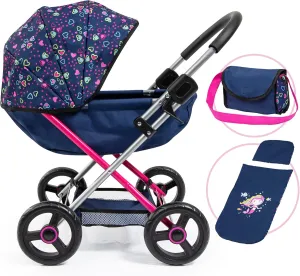 Bayer Design Dolls: Pram Cosy - Blue, Pink, Hearts - Includes Blanket & Shoulder Bag, Kids Pretend Play, Fits Dolls Up to 18", Soft Handle, Big Wheels, Height 22.8 Inch, Ages 3 