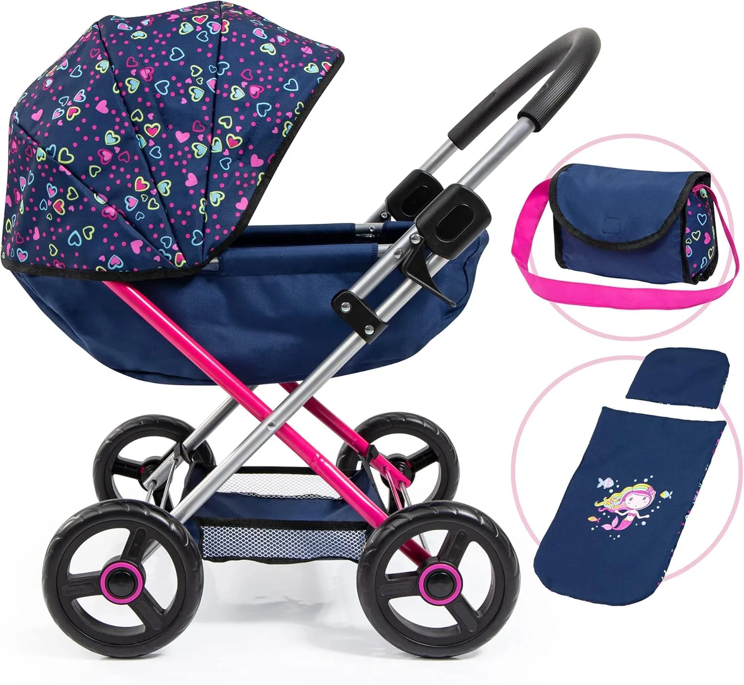 Bayer Design Dolls: Pram Cosy - Blue, Pink, Hearts - Includes Blanket & Shoulder Bag, Kids Pretend Play, Fits Dolls Up to 18", Soft Handle, Big Wheels, Height 22.8 Inch, Ages 3 