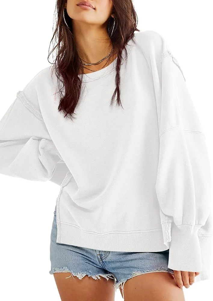 Beaully Women's Oversized Sweatshirts Crew Neck Long Sleeve Side Slit Pullovers Sweatshirt Casual Fall Clothes Sweater