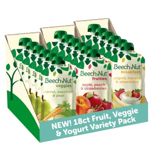 Beech-Nut Baby & Toddler Food Favorite Flavors Pouches Variety Pack, Fruit Veggie and Whole Milk Yogurt Purees, Baby Pouch Puree Starter Pack, 3.5oz (18 Pack)