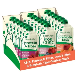 Beech-Nut Baby & Toddler Food Pouches Variety Pack, Protein & Fiber/Iron & Zinc/Prebiotic Fiber Fruit & Veggie Purees, 3.5 oz (18 Pack)