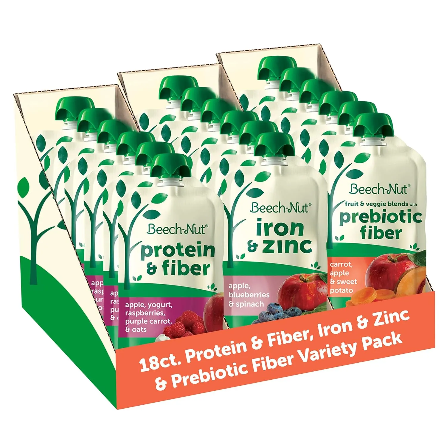 Beech-Nut Baby & Toddler Food Pouches Variety Pack, Protein & Fiber/Iron & Zinc/Prebiotic Fiber Fruit & Veggie Purees, 3.5 oz (18 Pack)