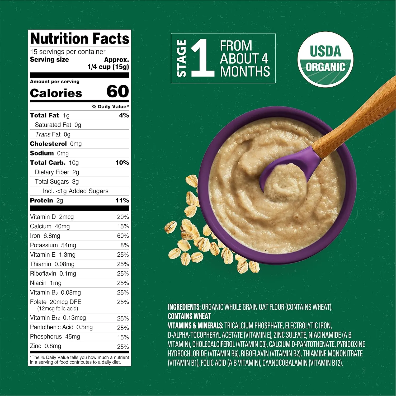 Beech-Nut Organic Baby Cereal, Oatmeal Cereal Stage 1 for Infants, 8 oz Canister (6 Pack)