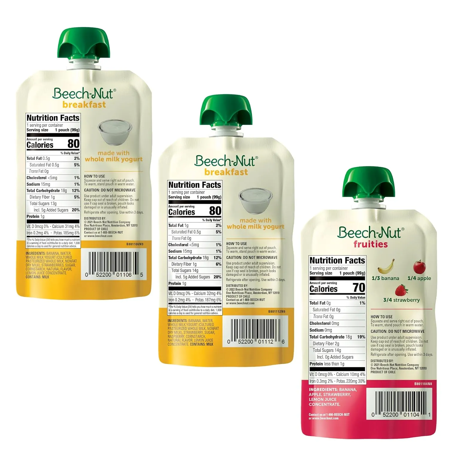 Beech-Nut Toddler Food Breakfast Pouches Variety Pack, NEW Breakfast Favorites Fruit & Yogurt Purees Variety Pack, 3.5 oz (18 Pack)
