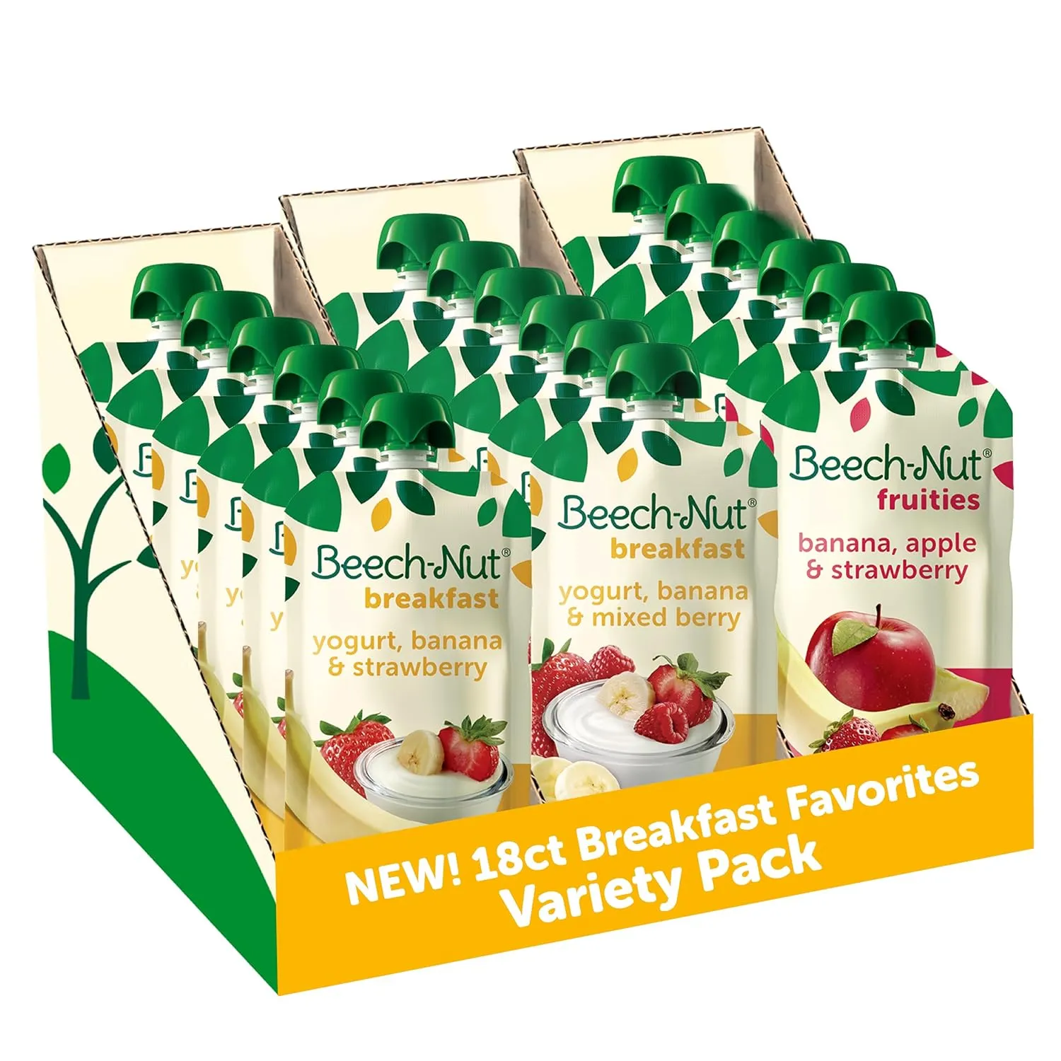 Beech-Nut Toddler Food Breakfast Pouches Variety Pack, NEW Breakfast Favorites Fruit & Yogurt Purees Variety Pack, 3.5 oz (18 Pack)