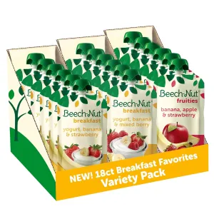 Beech-Nut Toddler Food Breakfast Pouches Variety Pack, NEW Breakfast Favorites Fruit & Yogurt Purees Variety Pack, 3.5 oz (18 Pack)