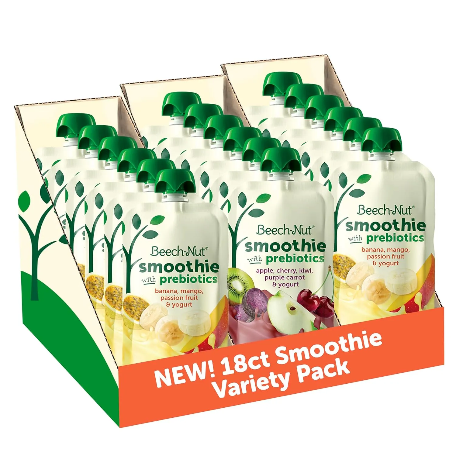 Beech-Nut Toddler Smoothies Variety Pack, Yogurt Smoothies with Prebiotics, Baby & Toddler Food Pouches, 3.5 oz (18 Pack)