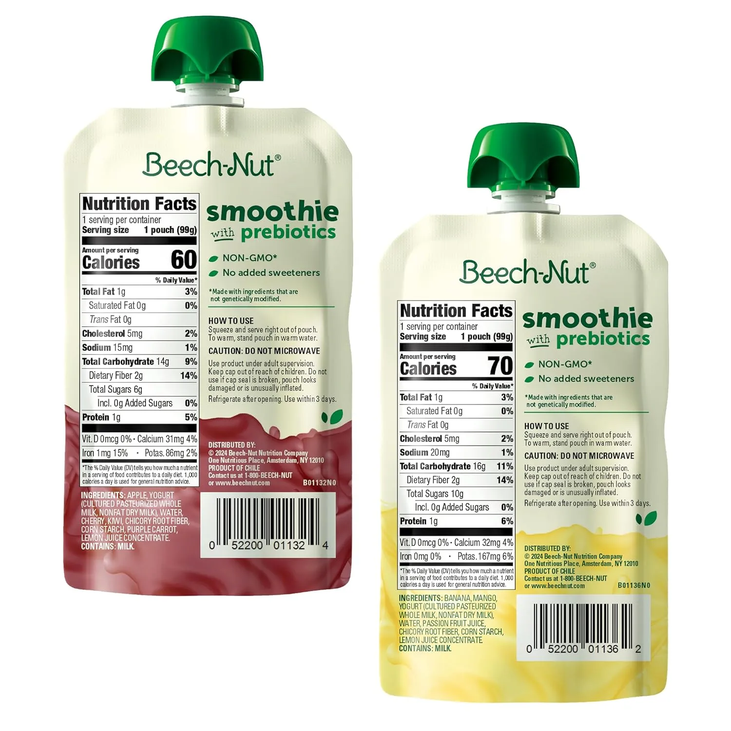 Beech-Nut Toddler Smoothies Variety Pack, Yogurt Smoothies with Prebiotics, Baby & Toddler Food Pouches, 3.5 oz (18 Pack)