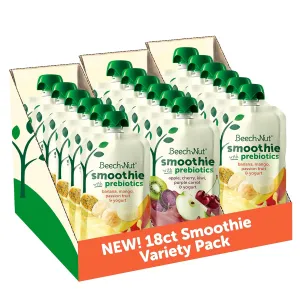 Beech-Nut Toddler Smoothies Variety Pack, Yogurt Smoothies with Prebiotics, Baby & Toddler Food Pouches, 3.5 oz (18 Pack)