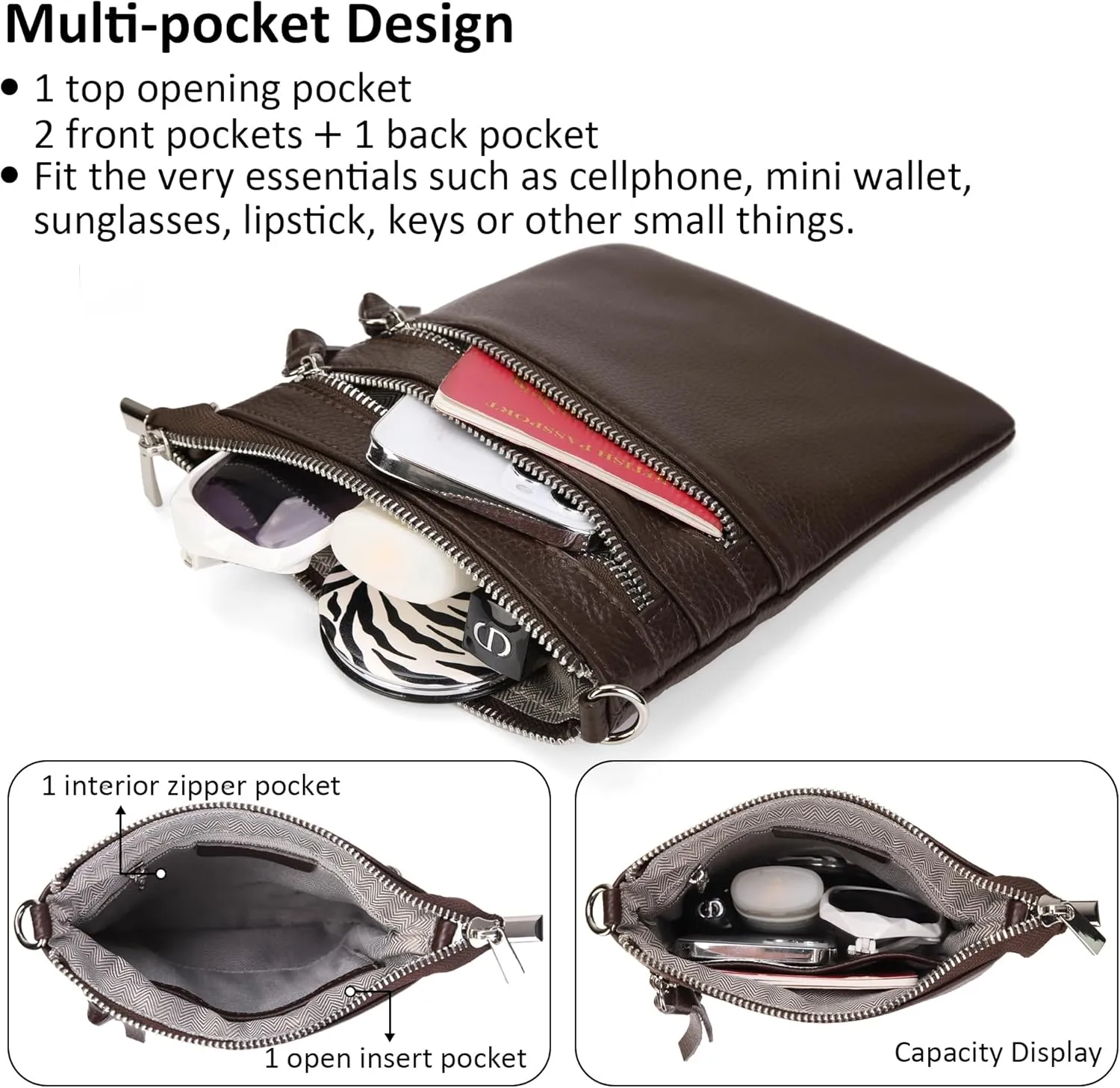 befen Small Genuine Leather Crossbody Purses for Women Trendy Travel Shoulder Handbags with Multiple Zipper Pockets
