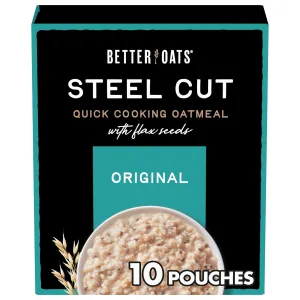 Better Oats Original Steel Cut Instant Oatmeal Packets, Original Flavor with Flax Seeds, Quick-Cook Breakfast, Box of 10 Pouches (Pack of 6)