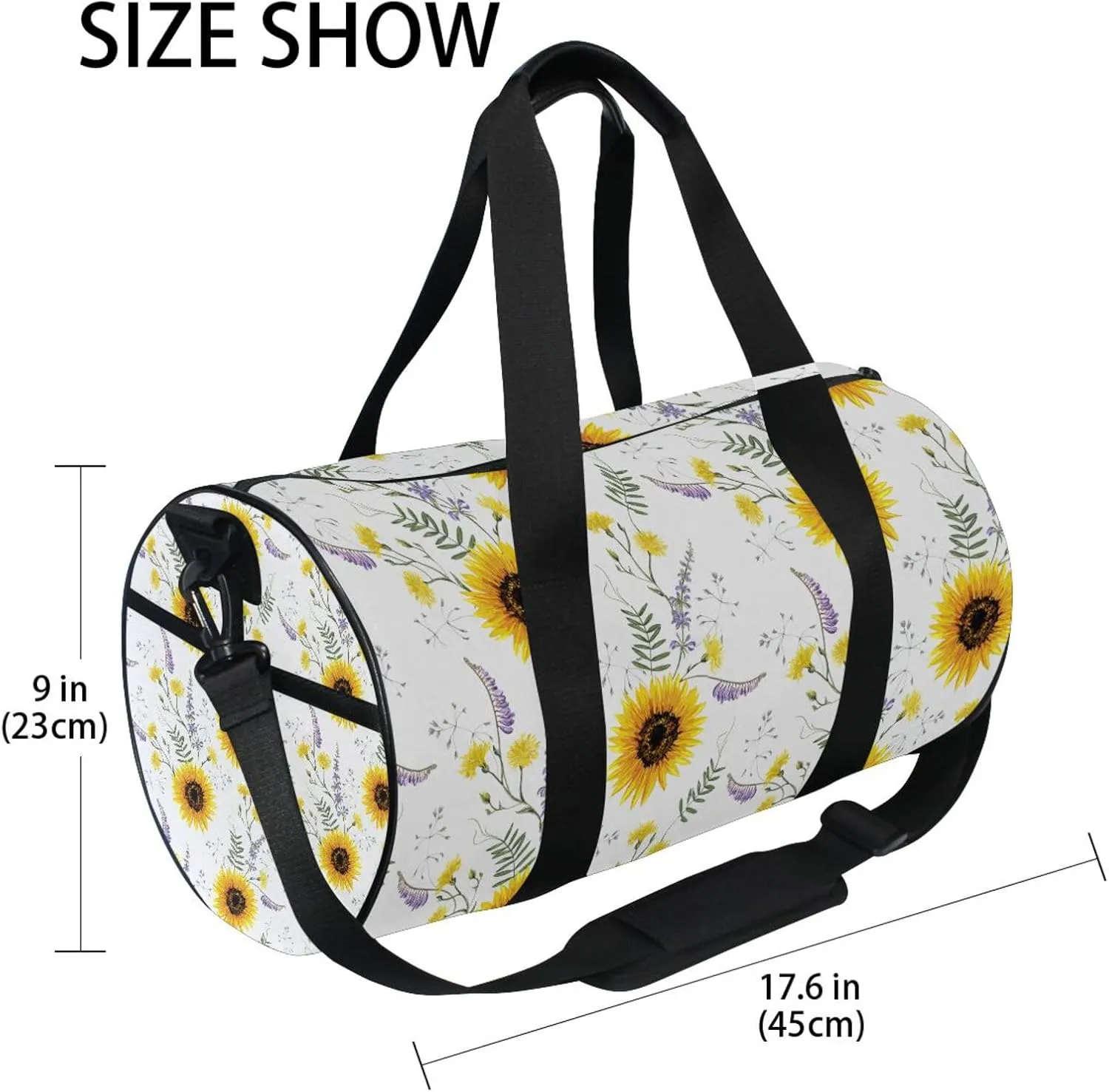 Big Yellow Sun Flowers Summer Purple Yellow Wildflowers on White Portable Gym Bag, Travel Bag, Luggage bag, Sports Bag, Toiletry Bag with Handles, Detachable Shoulder Strap 17.6 x 9 x 9 inch