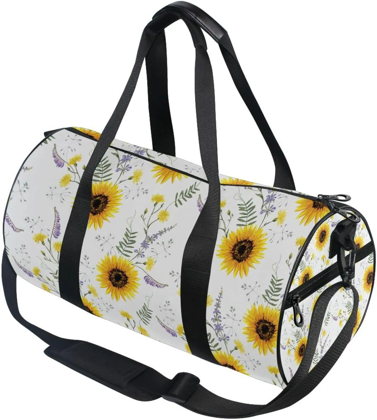 Big Yellow Sun Flowers Summer Purple Yellow Wildflowers on White Portable Gym Bag, Travel Bag, Luggage bag, Sports Bag, Toiletry Bag with Handles, Detachable Shoulder Strap 17.6 x 9 x 9 inch