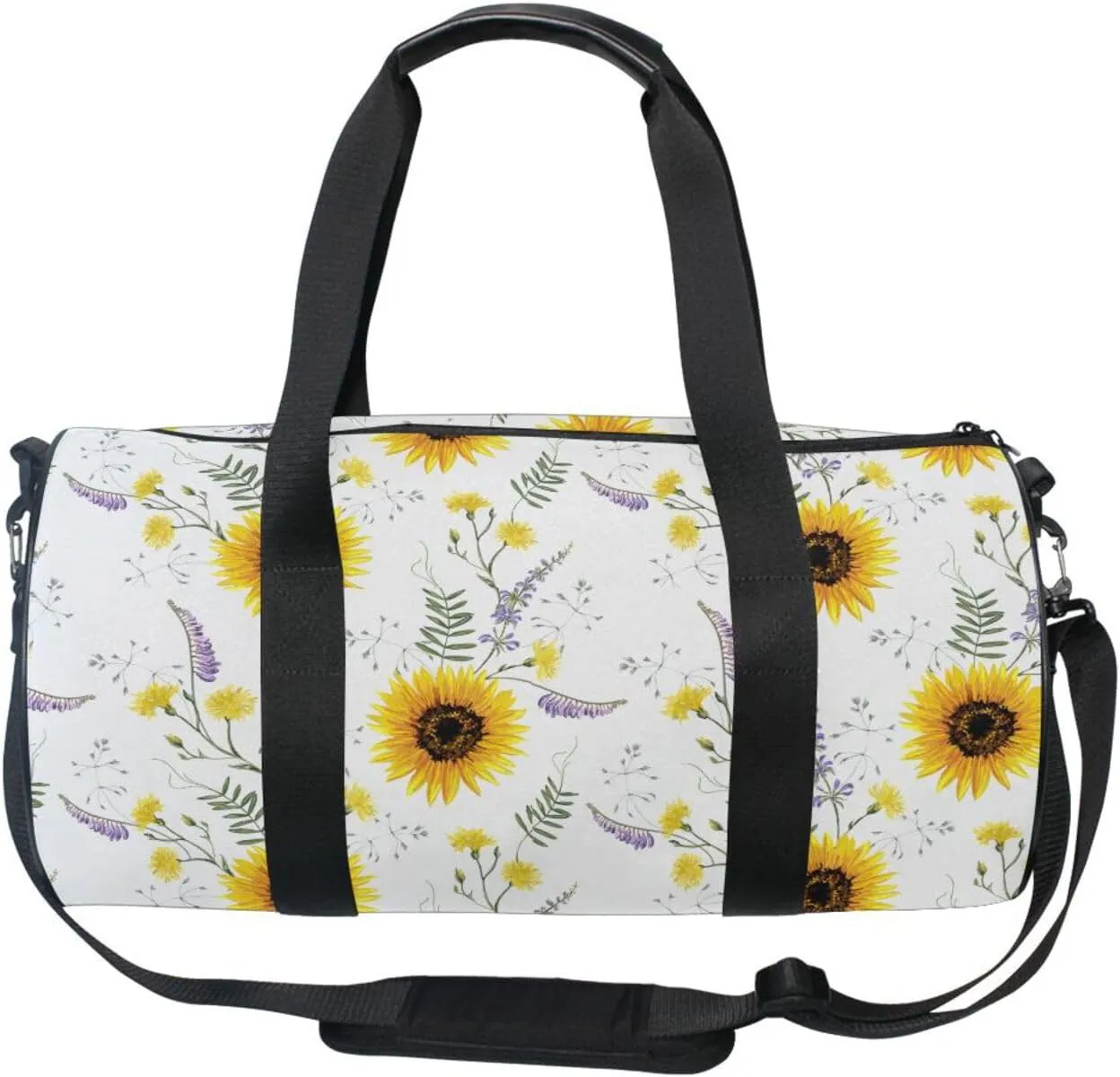 Big Yellow Sun Flowers Summer Purple Yellow Wildflowers on White Portable Gym Bag, Travel Bag, Luggage bag, Sports Bag, Toiletry Bag with Handles, Detachable Shoulder Strap 17.6 x 9 x 9 inch