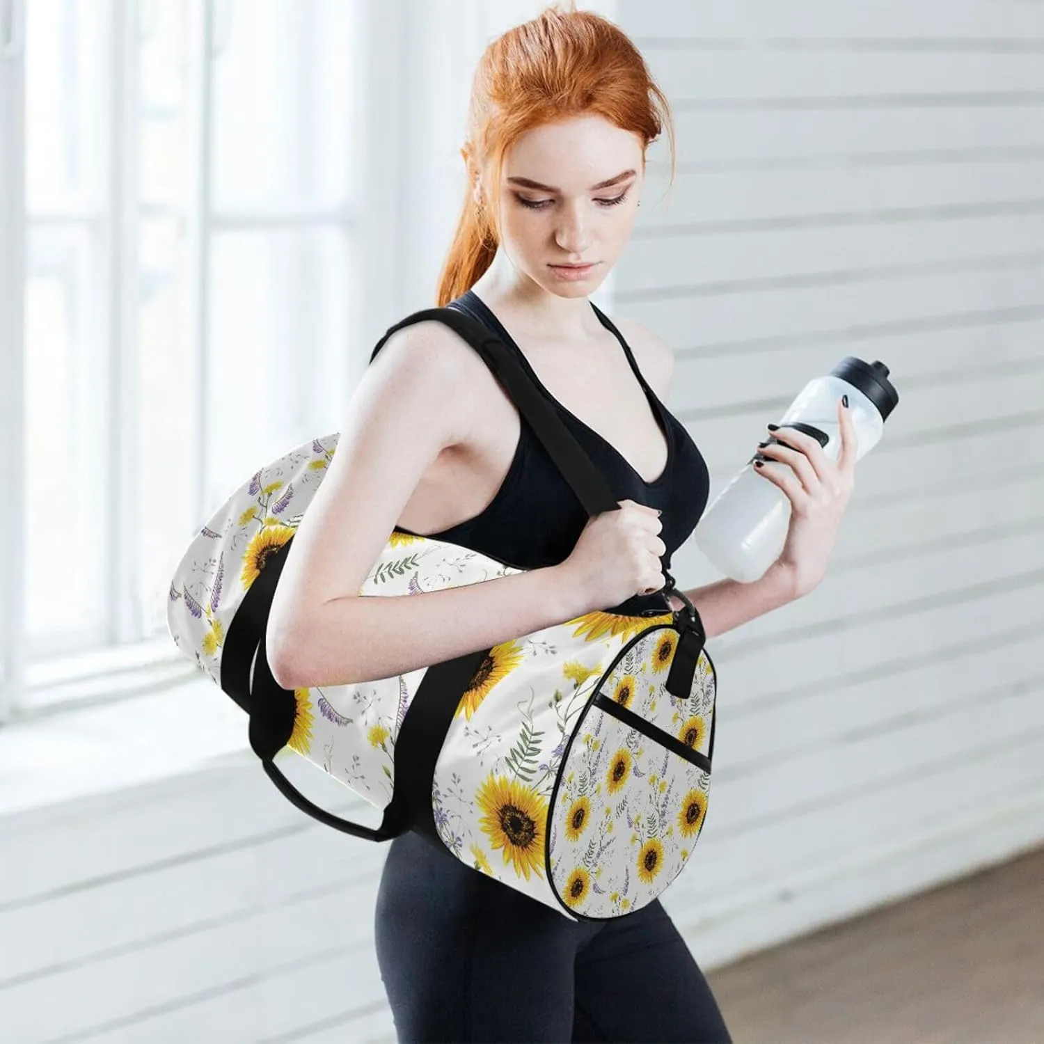 Big Yellow Sun Flowers Summer Purple Yellow Wildflowers on White Portable Gym Bag, Travel Bag, Luggage bag, Sports Bag, Toiletry Bag with Handles, Detachable Shoulder Strap 17.6 x 9 x 9 inch