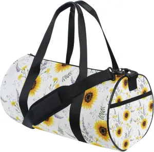 Big Yellow Sun Flowers Summer Purple Yellow Wildflowers on White Portable Gym Bag, Travel Bag, Luggage bag, Sports Bag, Toiletry Bag with Handles, Detachable Shoulder Strap 17.6 x 9 x 9 inch