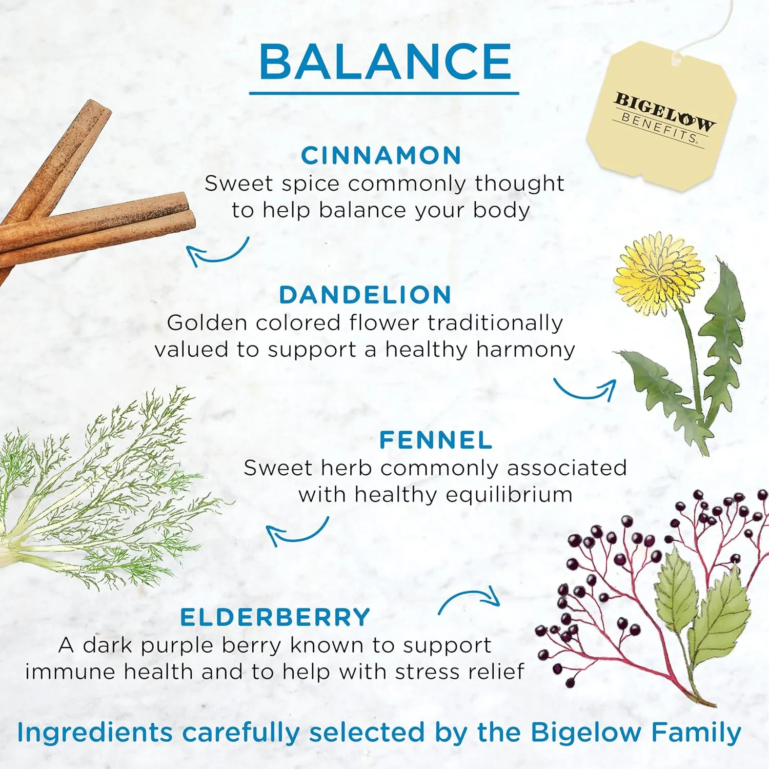 Bigelow Benefits Balance Cinnamon and Blackberry Herbal Tea, Caffeine Free, 18 Count (Pack of 6), 108 Total Tea Bags