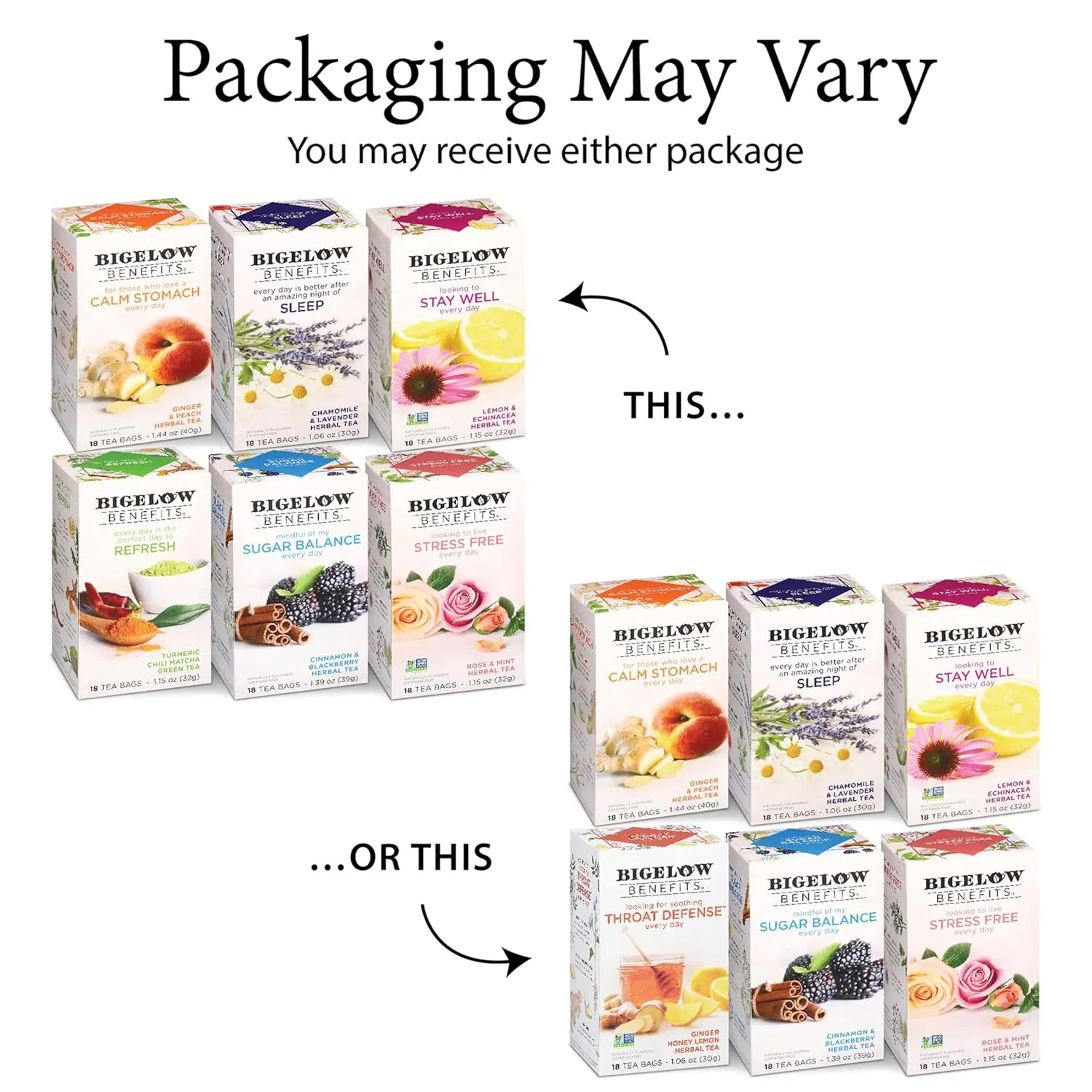 Bigelow Tea Benefits Wellness Teabag Variety Pack, Mixed Caffeinated Green Matcha & Caffeine-Free Herbal Tea, 18 Count Box (Pack of 6) 108 Tea Bags Total