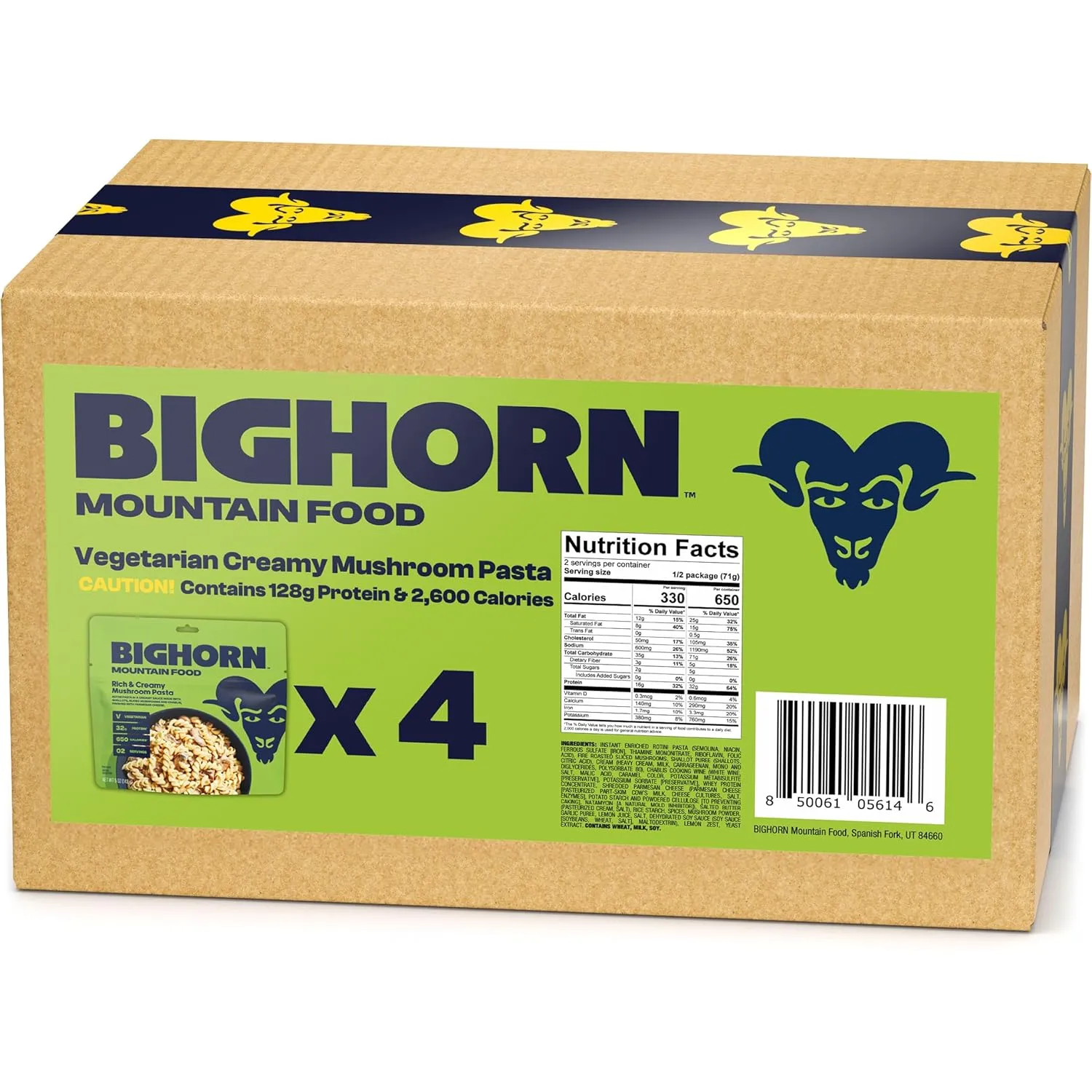 BIGHORN Mountain Food Vegetarian Creamy Mushroom Pasta - contains 4 packs | 8 servings | 128g Protein | 2,600 Calories - premium freeze dried meals for backpacking food - vegetarian backpacking meals - ideal camping meals just add water - great taste