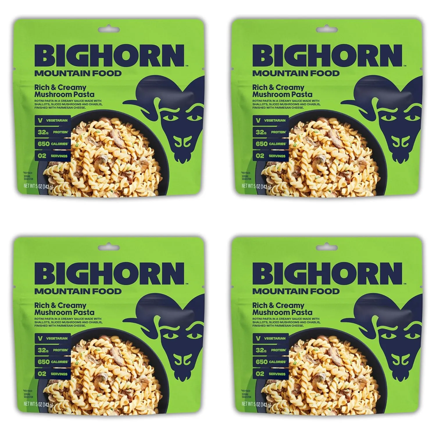 BIGHORN Mountain Food Vegetarian Creamy Mushroom Pasta - contains 4 packs | 8 servings | 128g Protein | 2,600 Calories - premium freeze dried meals for backpacking food - vegetarian backpacking meals - ideal camping meals just add water - great taste