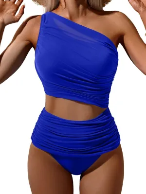 Bikini Sets for Women Tummy Control Two Piece Swimsuits Mesh One Shoulder Bathing Suits