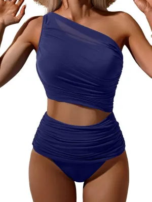 Bikini Sets for Women Tummy Control Two Piece Swimsuits Mesh One Shoulder Bathing Suits