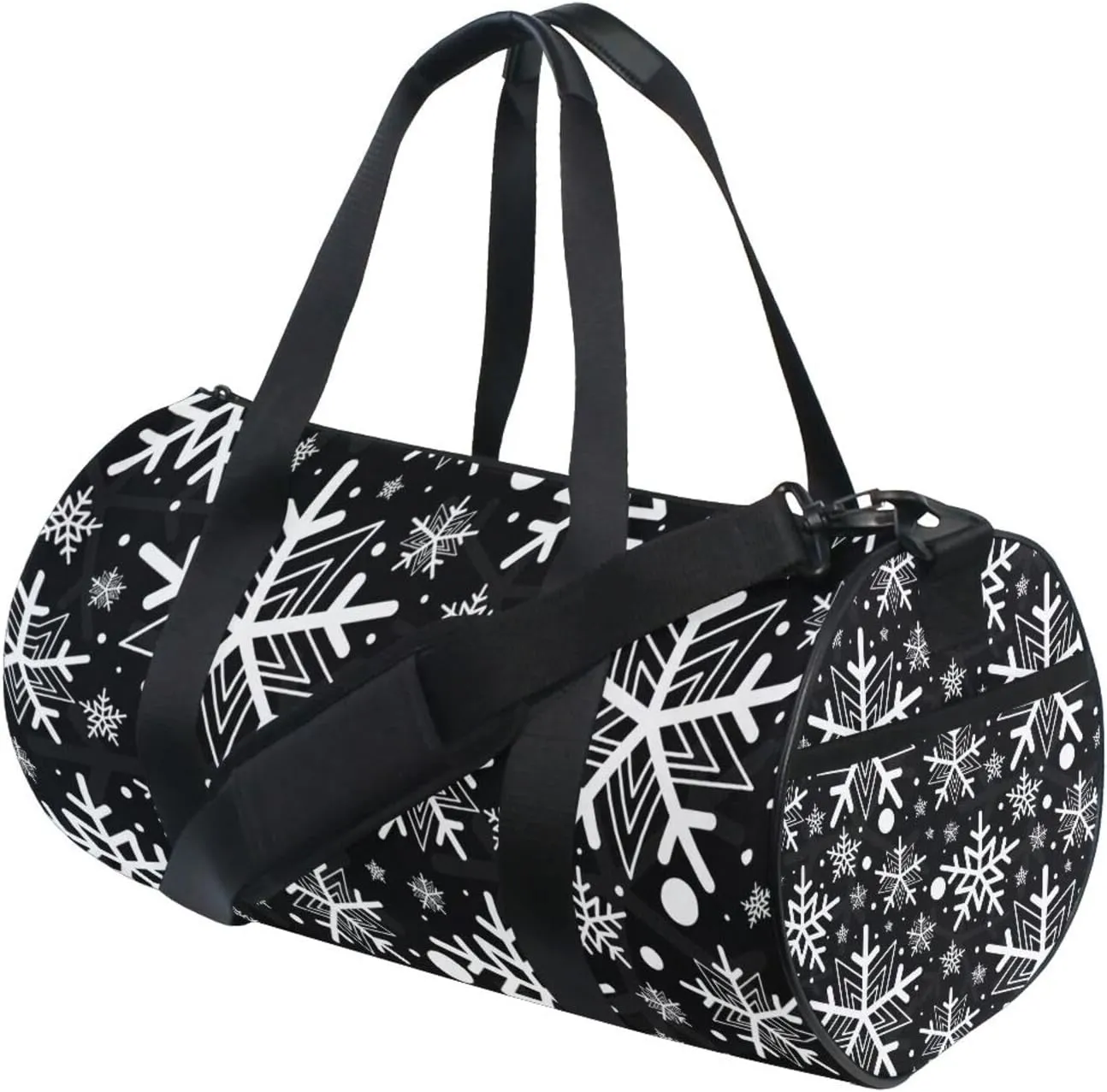 Black Background with Seamless White Snowflake Pattern Portable Gym Bag, Travel Bag, Luggage bag, Sports Bag, Toiletry Bag with Handles, Detachable Shoulder Strap 17.6 x 9 x 9 inch